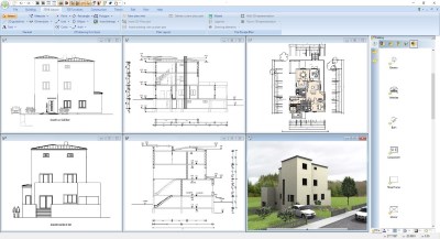 Bauhaus style villa with floor plans, sections and elevations