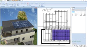 Roof mounted solar panels, 3D and 2D view